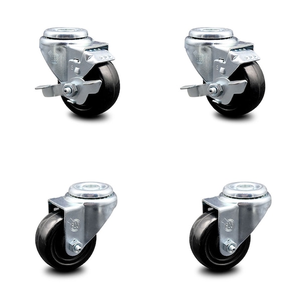 3.5 Inch Hard Rubber Wheel Swivel Bolt Hole Caster Set with 2 Brake SCC